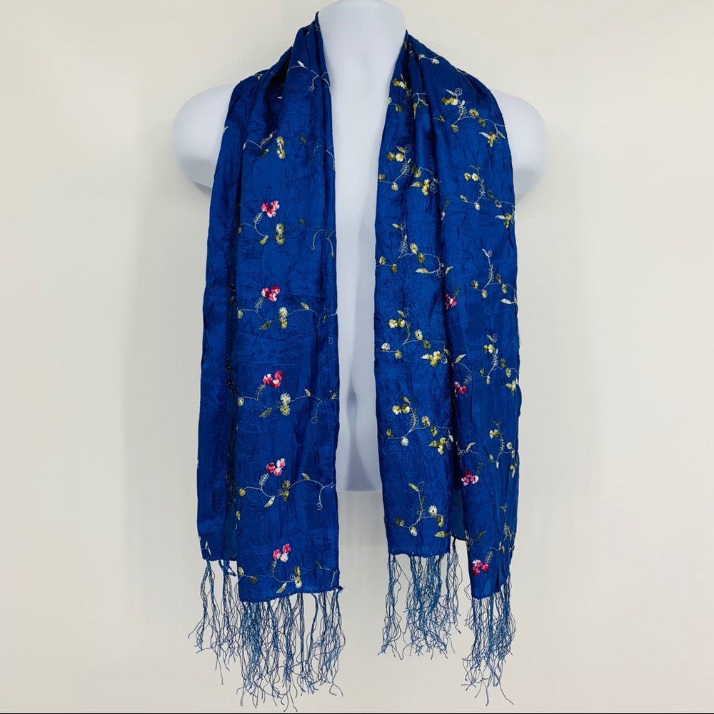 Thailand Embroidered Blue Silk Fringed Scarf